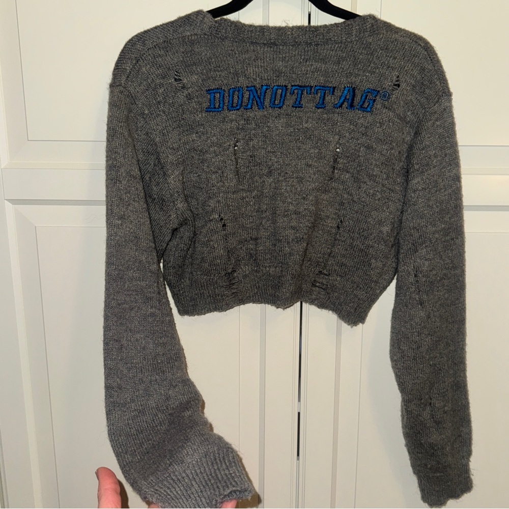 Do Not Tag Gray Cropped knit cardi with blue embroidered Logo - size M